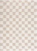 Atira light brown checkered area rug featuring a thick plush polypropylene pile and contemporary design