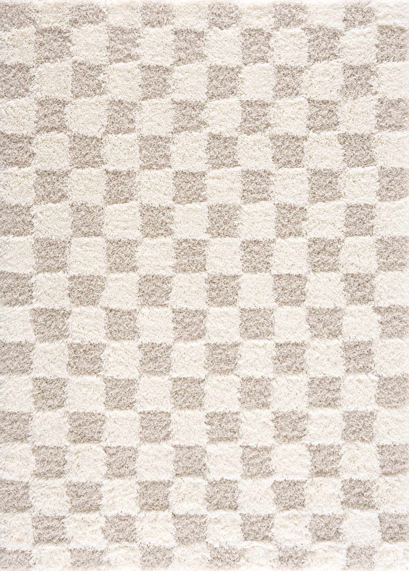 Atira light brown checkered area rug featuring a thick plush polypropylene pile and contemporary design