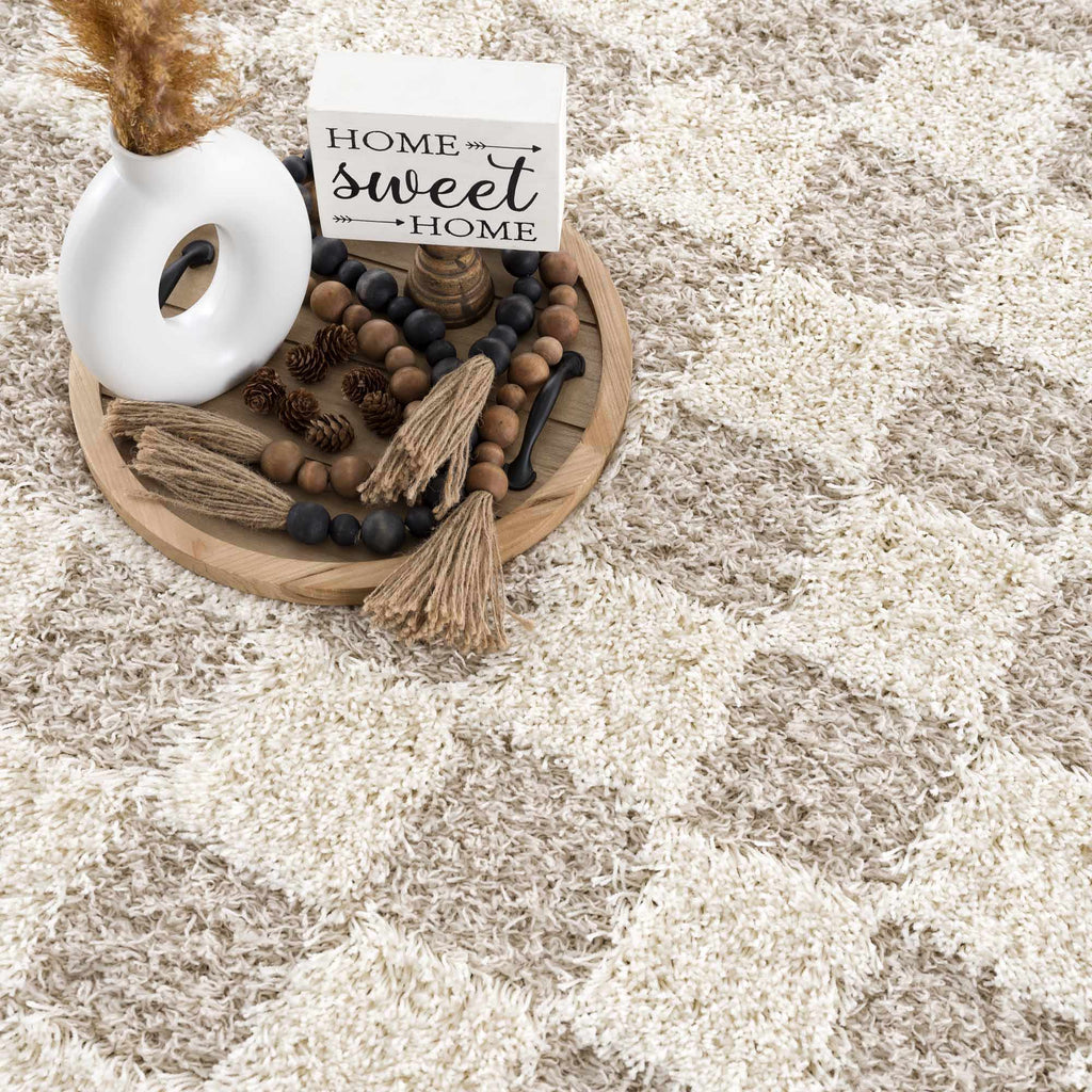 Atira light brown checkered area rug featuring a thick plush polypropylene pile and contemporary design — view 5