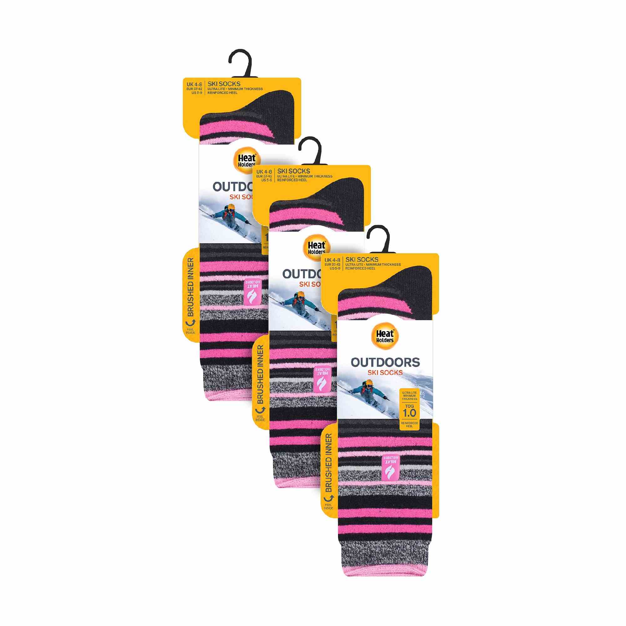 Three pack of ladies patterned knee high lightweight thermal ski socks in assorted vibrant designs — view 2