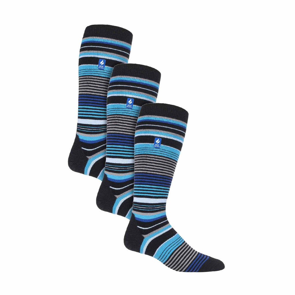 Three pack of men's patterned knee high lightweight thermal ski socks in various designs