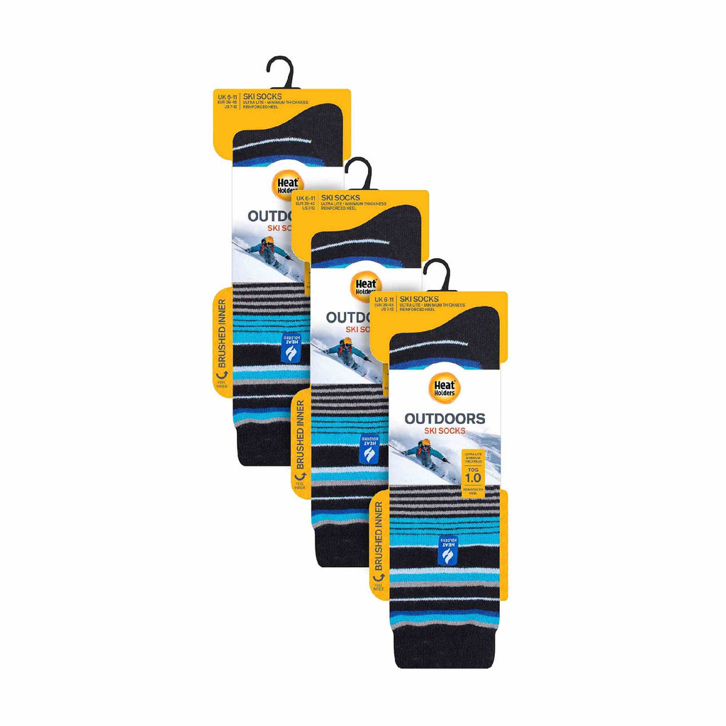 Three pack of men's patterned knee high lightweight thermal ski socks in various designs — view 2