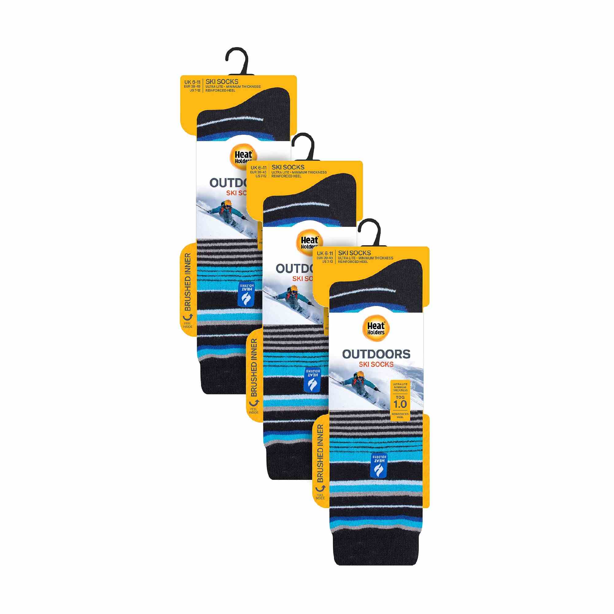Three pack of men's patterned knee high lightweight thermal ski socks in various designs — view 2