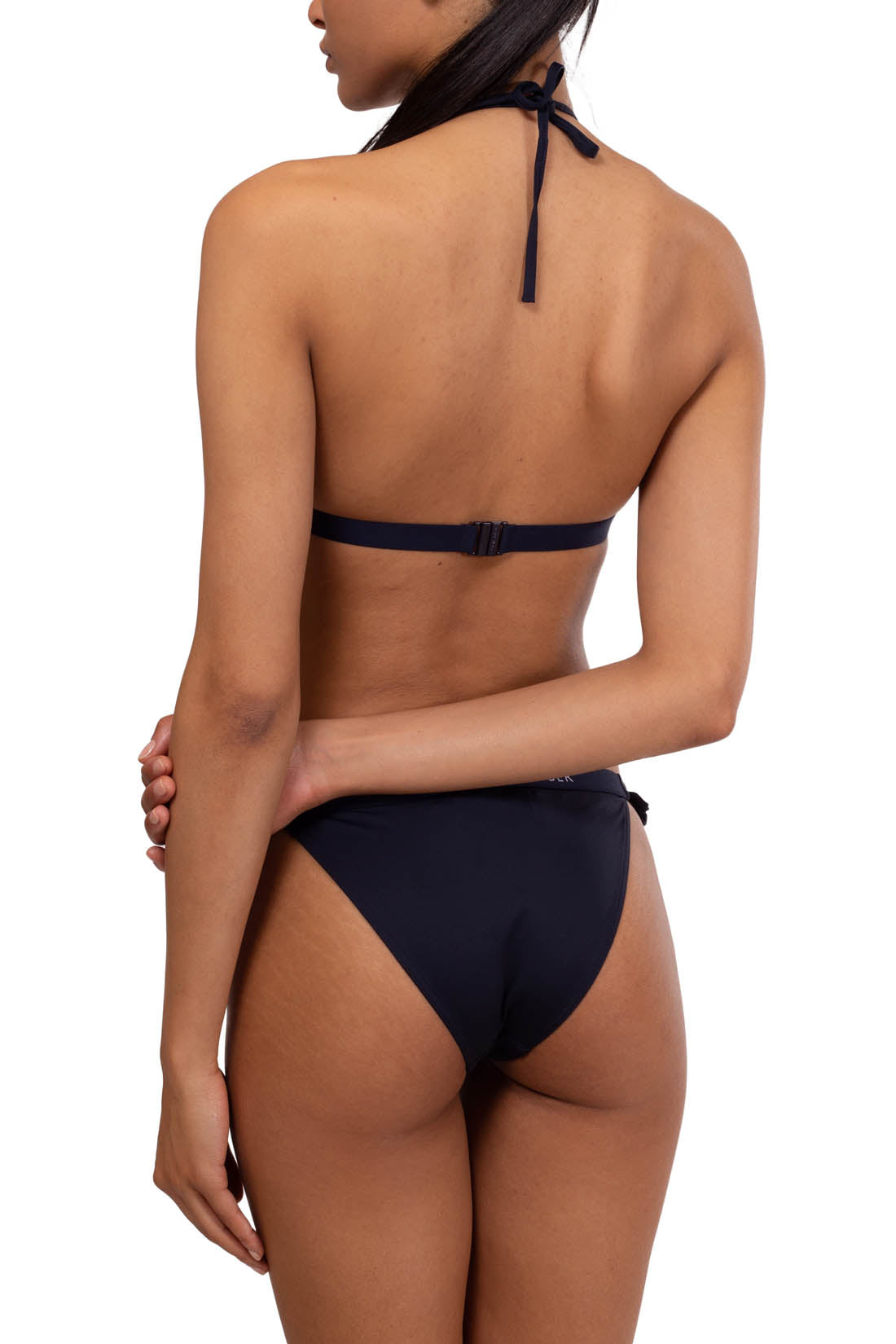 Red women's triangle bikini top with navy blue logo underbust band and halter neck laces — view 19