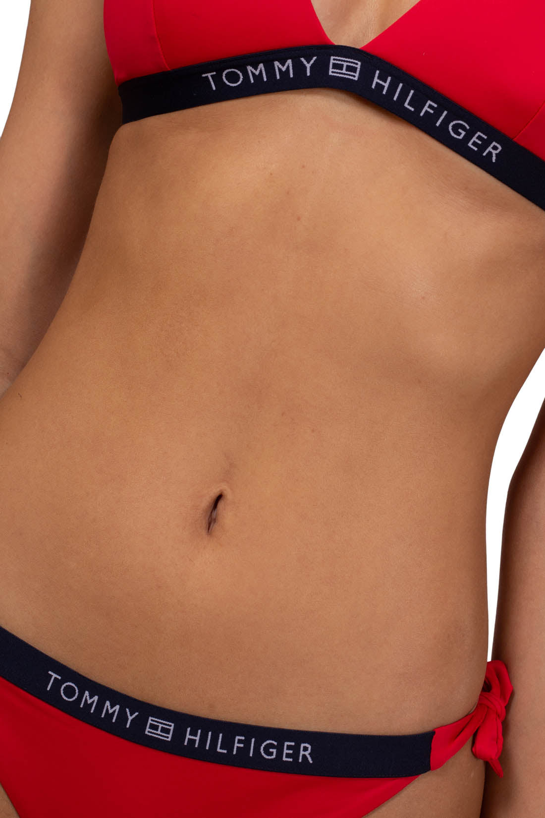 Red women's triangle bikini top with navy blue logo underbust band and halter neck laces — view 25