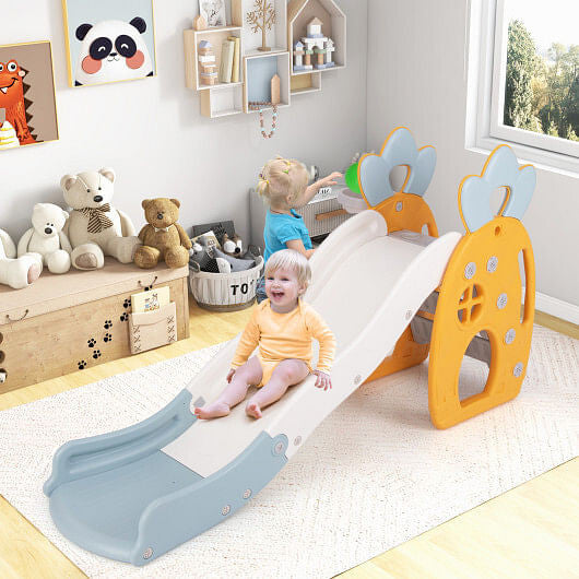 Foldable indoor kids slide with basketball hoop and secure buffer zone for toddler playrooms