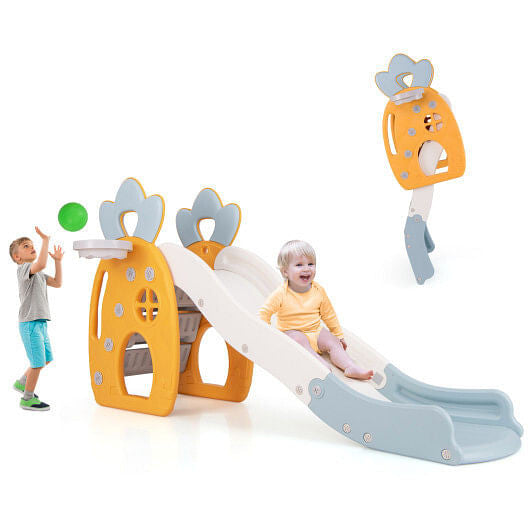 Foldable indoor kids slide with basketball hoop and secure buffer zone for toddler playrooms — view 2