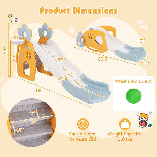 Foldable indoor kids slide with basketball hoop and secure buffer zone for toddler playrooms — view 3
