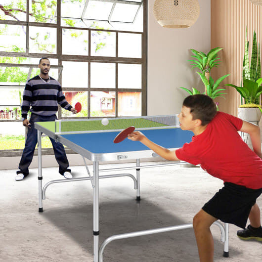 Mini folding ping pong table in blue and green with attached net, paddles, and balls. — view 2