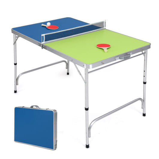 Mini folding ping pong table in blue and green with attached net, paddles, and balls. — view 3