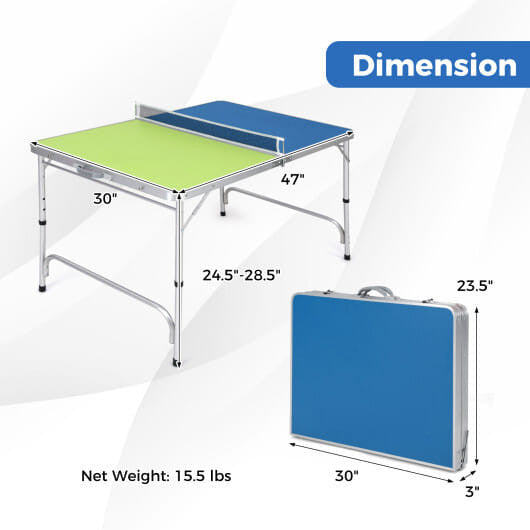 Mini folding ping pong table in blue and green with attached net, paddles, and balls. — view 4