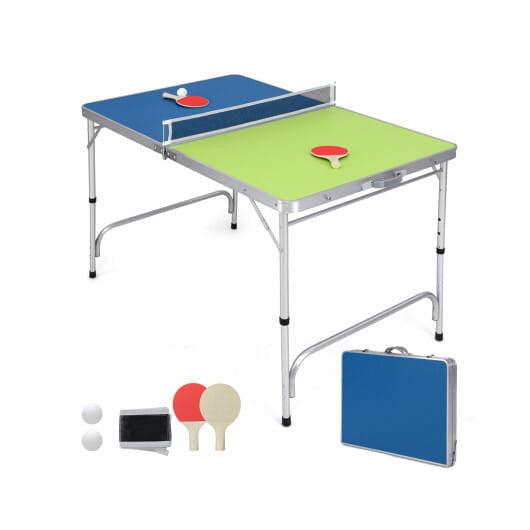 Mini folding ping pong table in blue and green with attached net, paddles, and balls. — view 5