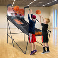 Foldable basketball arcade game machine with metal frame, dual hoops, and four rubber balls