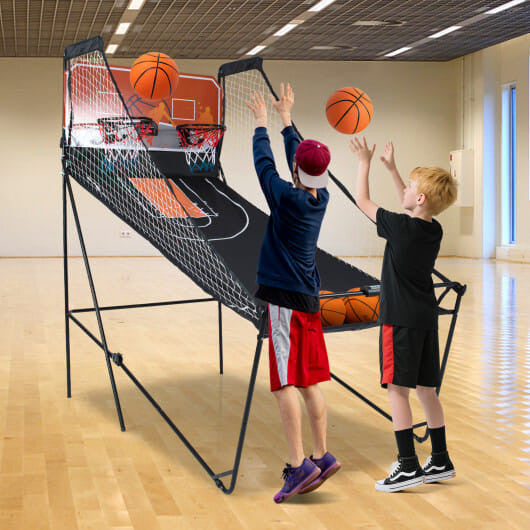 Foldable basketball arcade game machine with metal frame, dual hoops, and four rubber balls
