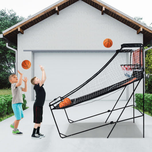 Foldable basketball arcade game machine with metal frame, dual hoops, and four rubber balls — view 2