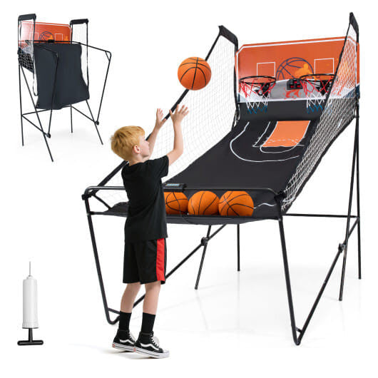 Foldable basketball arcade game machine with metal frame, dual hoops, and four rubber balls — view 3