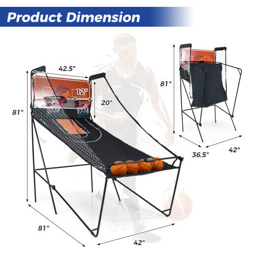 Foldable basketball arcade game machine with metal frame, dual hoops, and four rubber balls — view 4