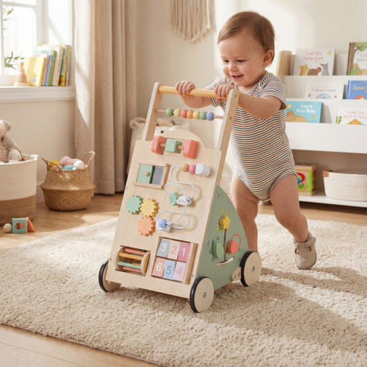 Wooden baby walker with stable wheels, 10 game activity center, and rear toy storage basket — view 3