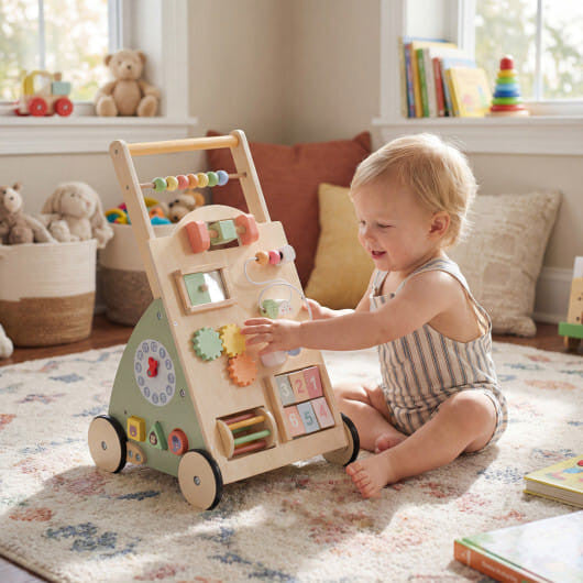 Wooden baby walker with stable wheels, 10 game activity center, and rear toy storage basket