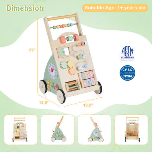 Wooden baby walker with stable wheels, 10 game activity center, and rear toy storage basket — view 2