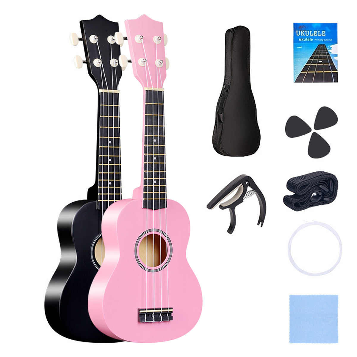 21-inch beginner ukulele in black and pink linden wood with four strings and tuning pegs — view 2