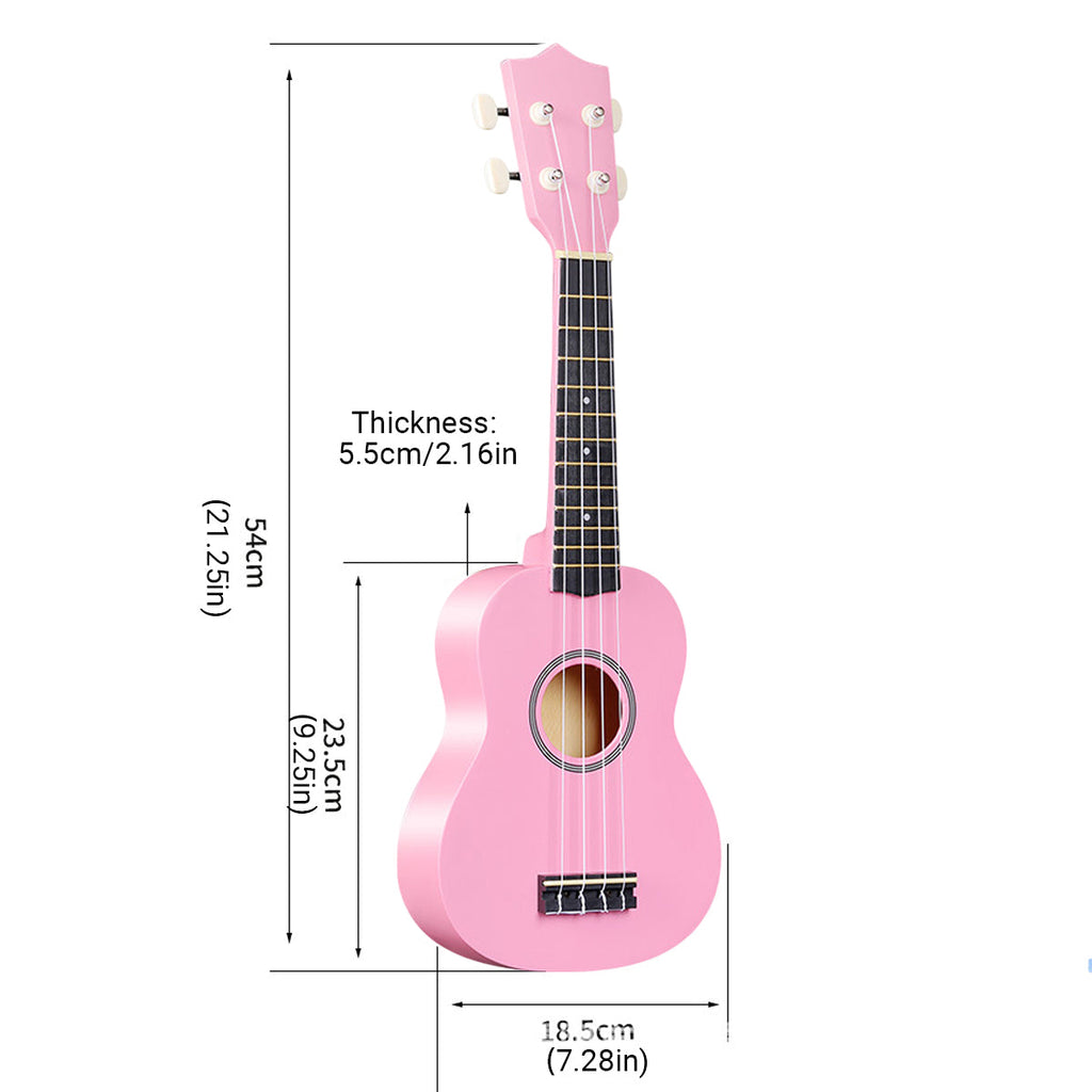 21-inch beginner ukulele in black and pink linden wood with four strings and tuning pegs — view 3