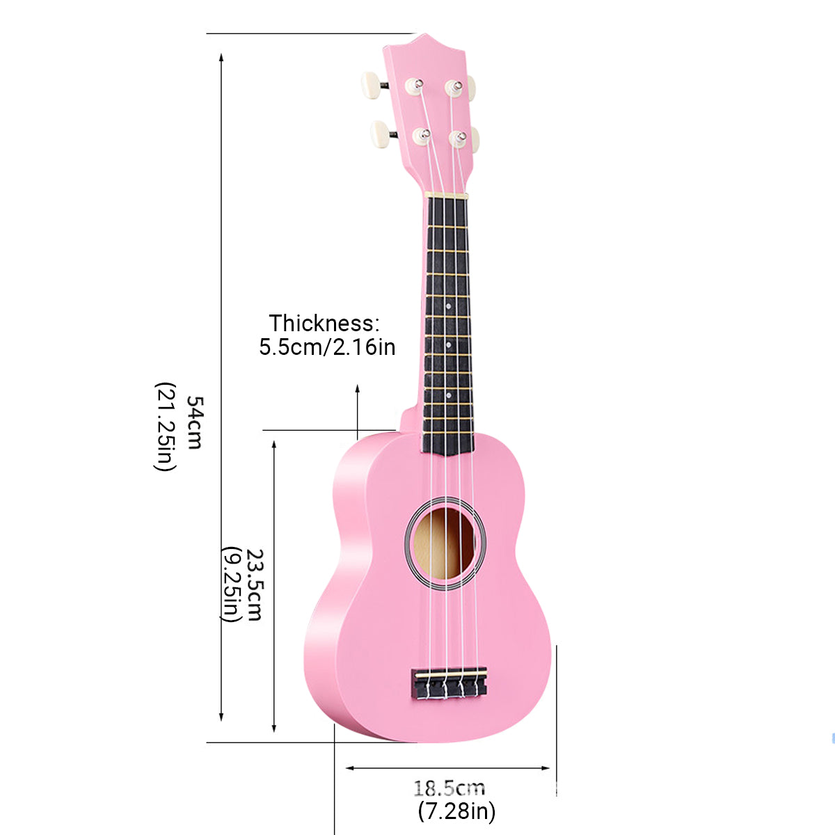21-inch beginner ukulele in black and pink linden wood with four strings and tuning pegs — view 3