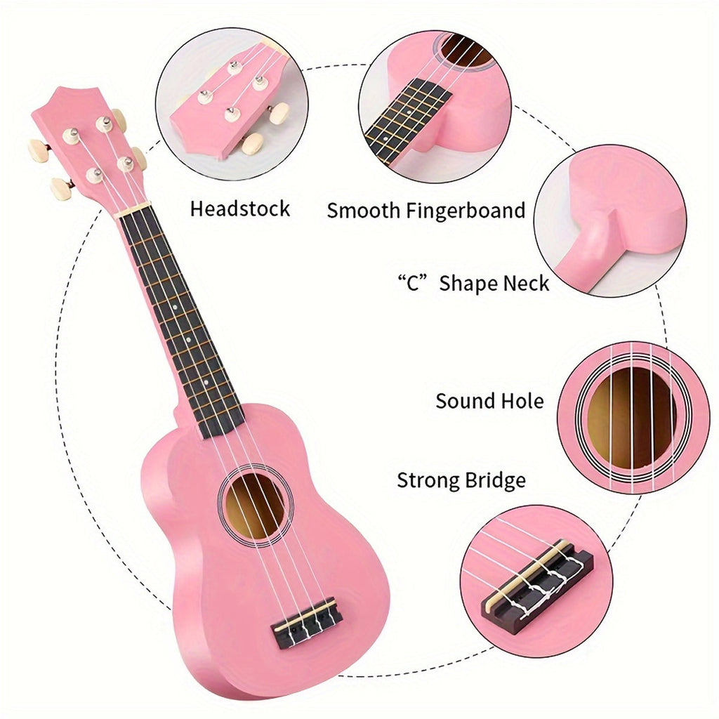 21-inch beginner ukulele in black and pink linden wood with four strings and tuning pegs — view 4