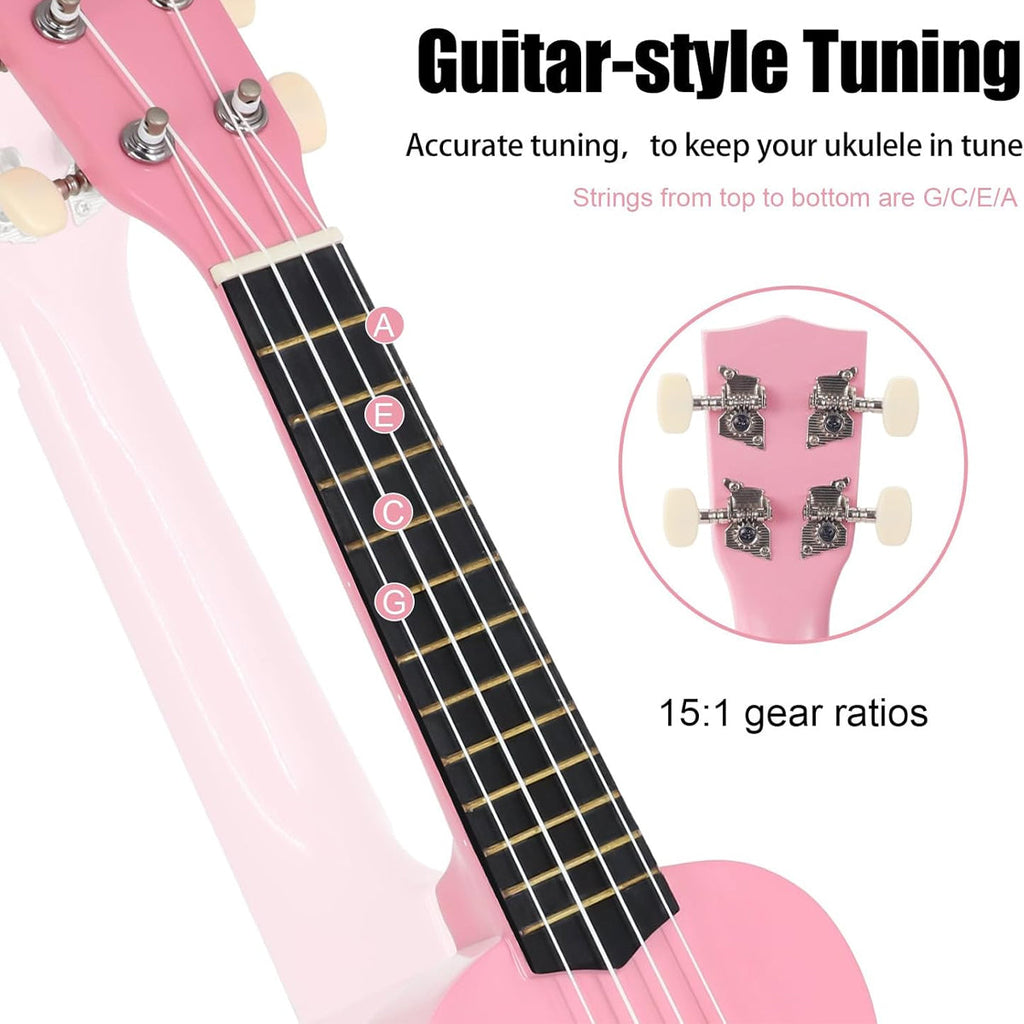 21-inch beginner ukulele in black and pink linden wood with four strings and tuning pegs — view 5