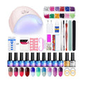 Complete UV gel nail art kit with a 36W dryer lamp, colorful polishes, and manicure tools