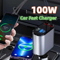 Ultra-fast retractable car charger in durable black ABS plastic with digital voltage display.