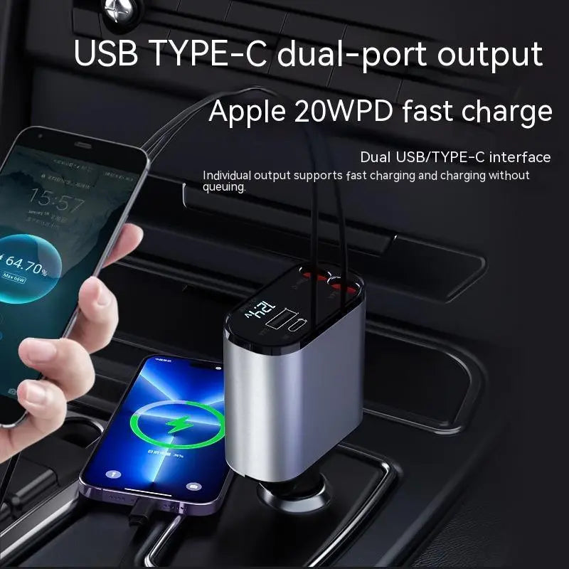 Ultra-fast retractable car charger in durable black ABS plastic with digital voltage display. — view 2