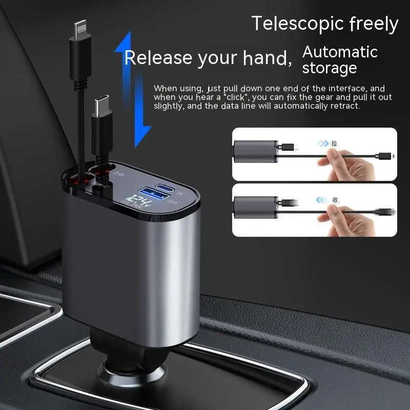 Ultra-fast retractable car charger in durable black ABS plastic with digital voltage display. — view 4