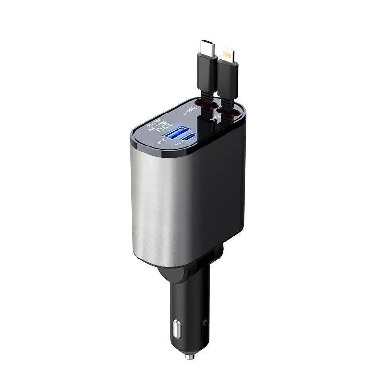 Ultra-fast retractable car charger in durable black ABS plastic with digital voltage display. — view 5
