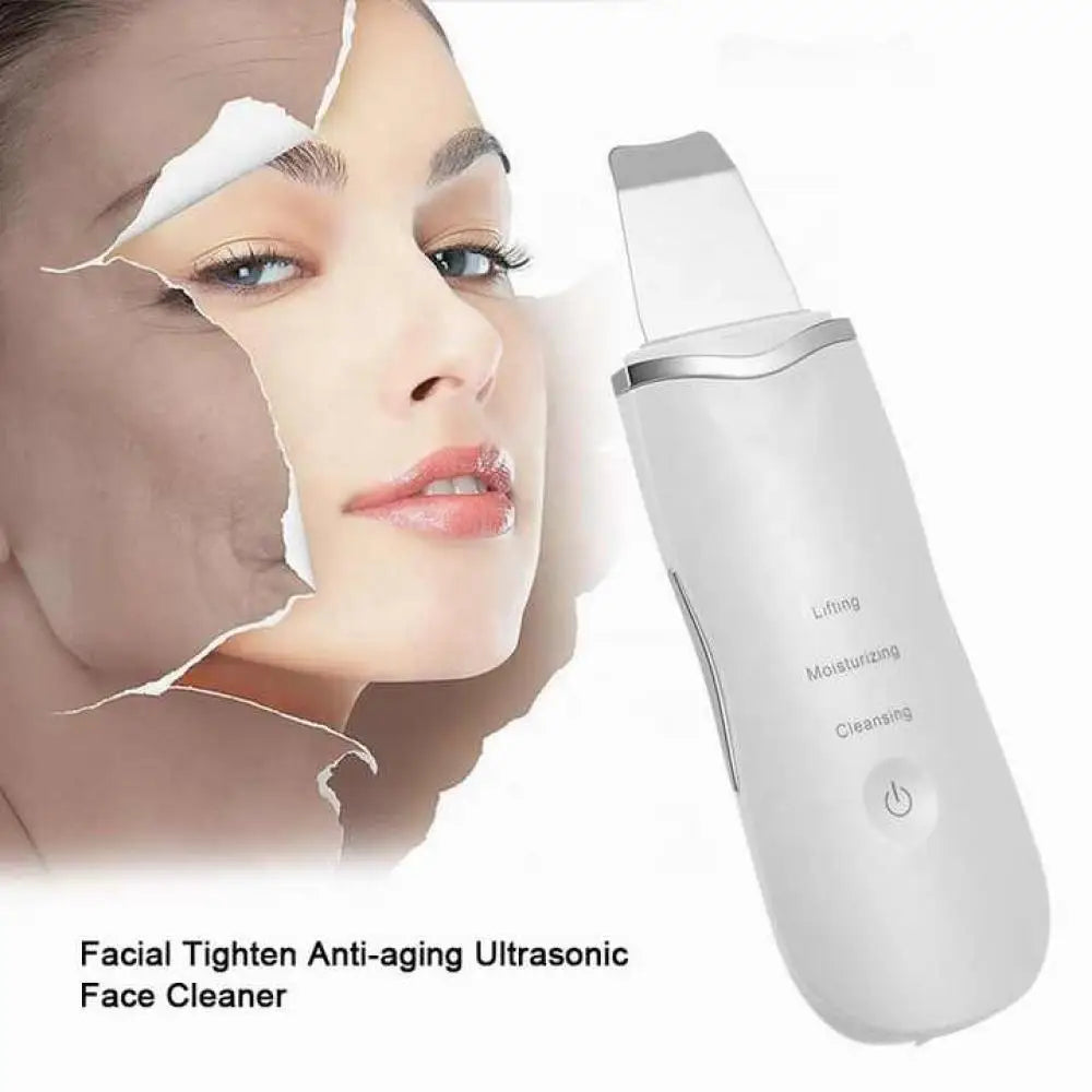 Ultrasonic skin scrubber facial cleansing device in sleek white plastic for gentle deep pore exfoliation