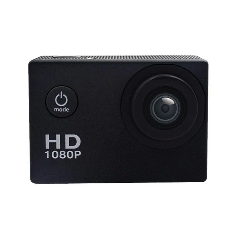 Waterproof 1080p sports action camera in durable case with two inch screen and versatile mounting accessories