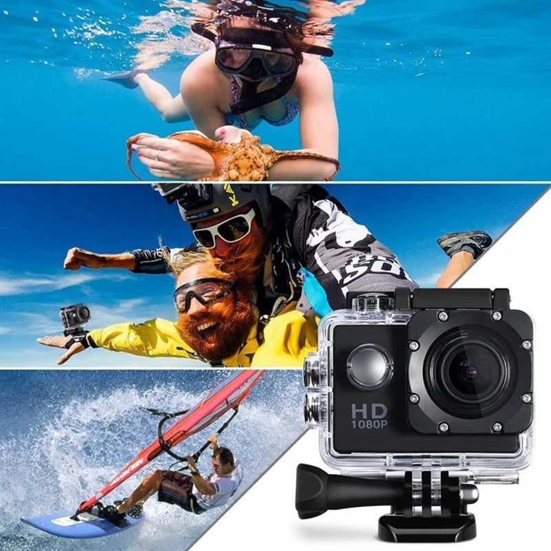Waterproof 1080p sports action camera in durable case with two inch screen and versatile mounting accessories — view 2