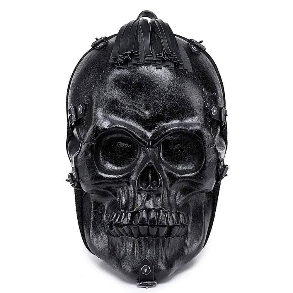 Unisex large 3D skull backpack in black PU leather with top handle and adjustable shoulder straps
