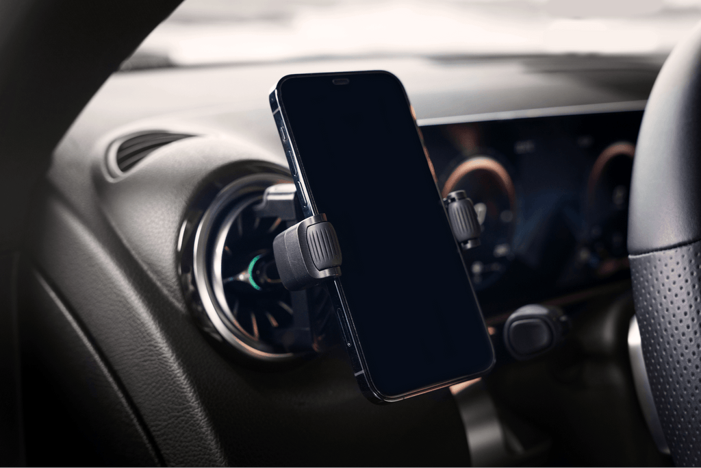 Universal air vent car mount for smartphones featuring black adjustable clamps and silicone roller grip — view 5