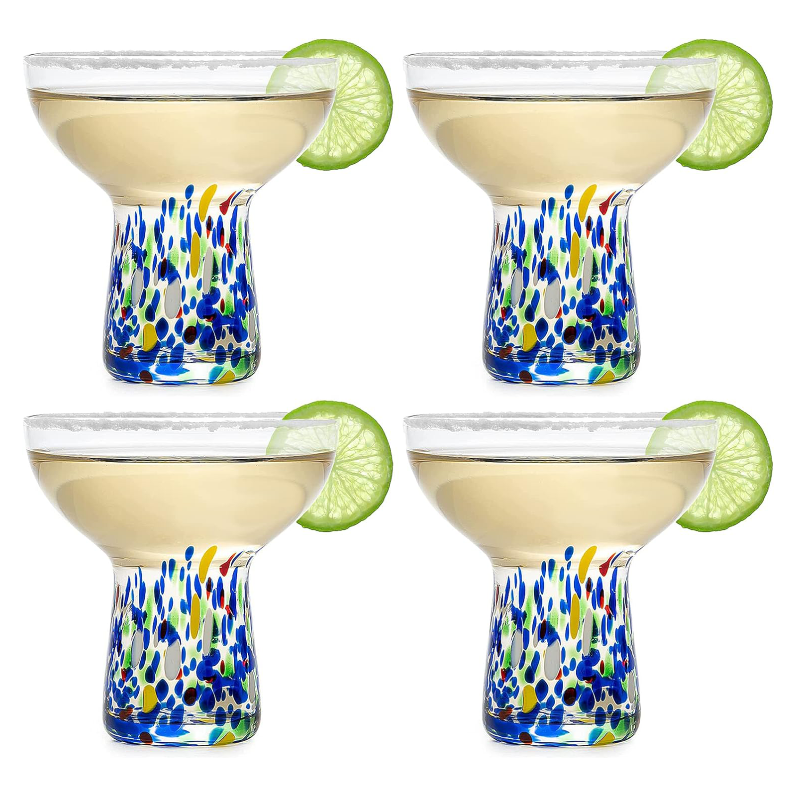 Stemless confetti margarita glasses set of four hand blown colorful cocktail glassware for home bars