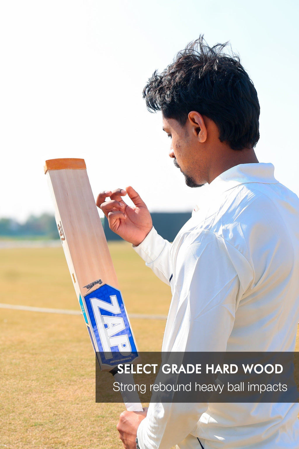ZAP Bouncer tennis cricket bat in Kashmir willow with scooped back and chevron grip handle — view 2