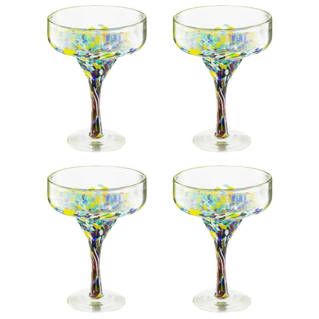 Hand blown confetti margarita glasses set of four with colorful Mexican design, 16 ounce