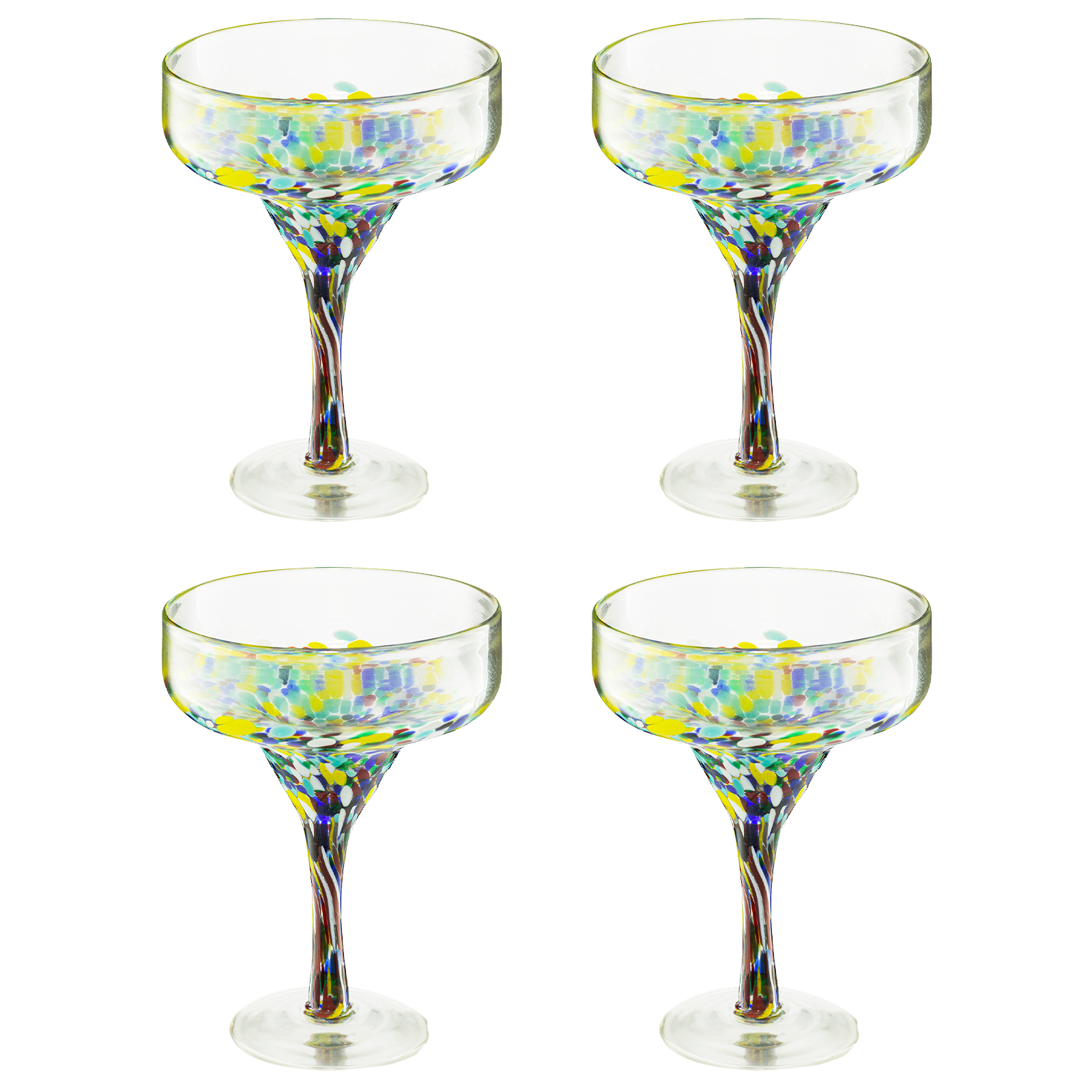 Hand blown confetti margarita glasses set of four with colorful Mexican design, 16 ounce