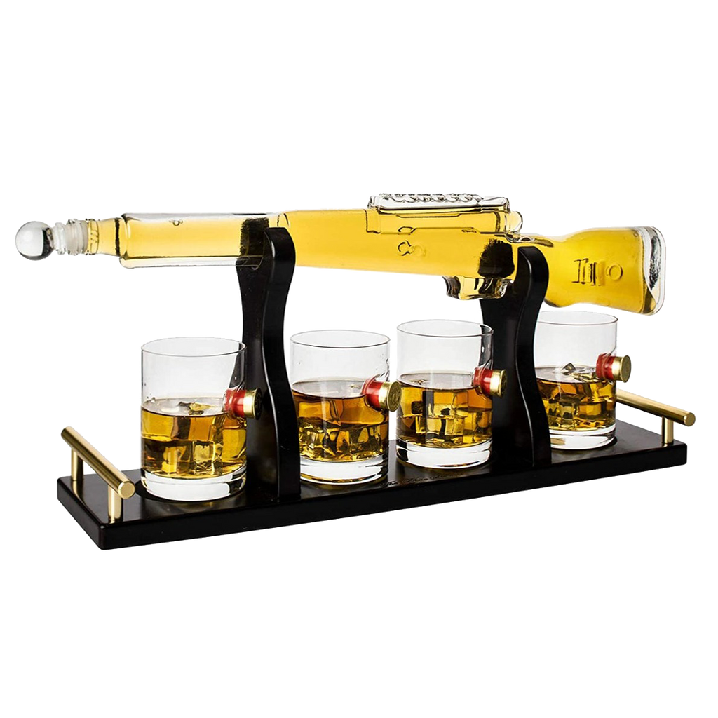 Handcrafted glass rifle whiskey decanter set with wooden display stand and four bullet glasses
