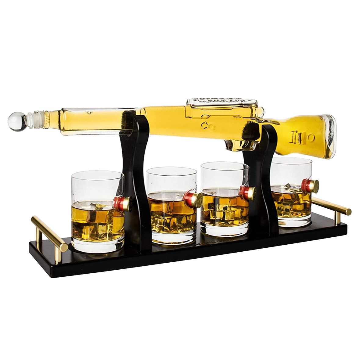Handcrafted glass rifle whiskey decanter set with wooden display stand and four bullet glasses