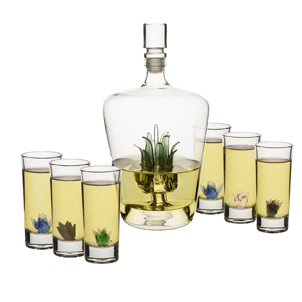 Artisan crafted glass tequila decanter with agave plant inside and six matching sipping shot glasses