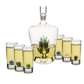 Artisan crafted glass tequila decanter with agave plant inside and six matching sipping shot glasses