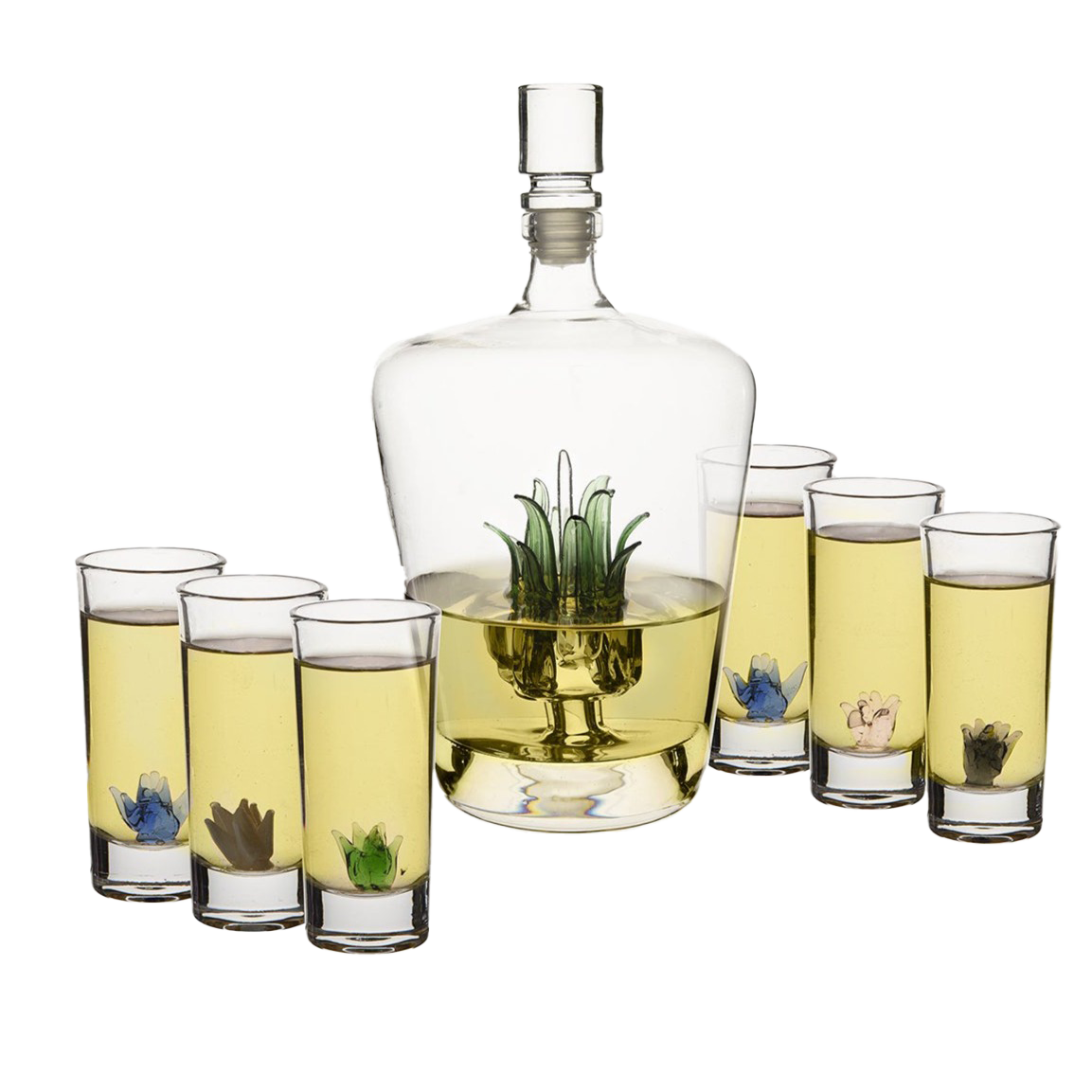 Artisan crafted glass tequila decanter with agave plant inside and six matching sipping shot glasses