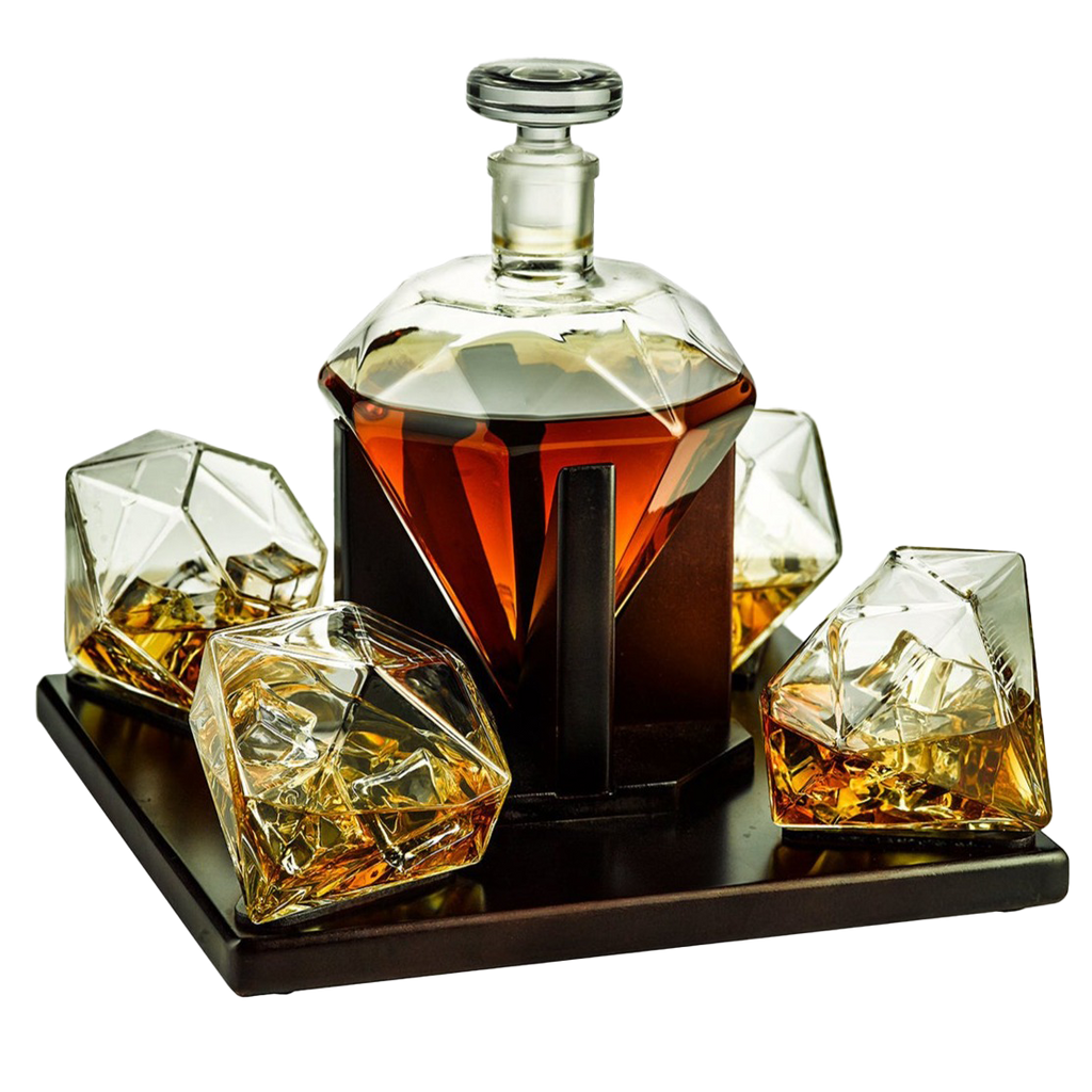 Diamond whiskey decanter set with four tasting glasses resting on an elegant mahogany wooden base