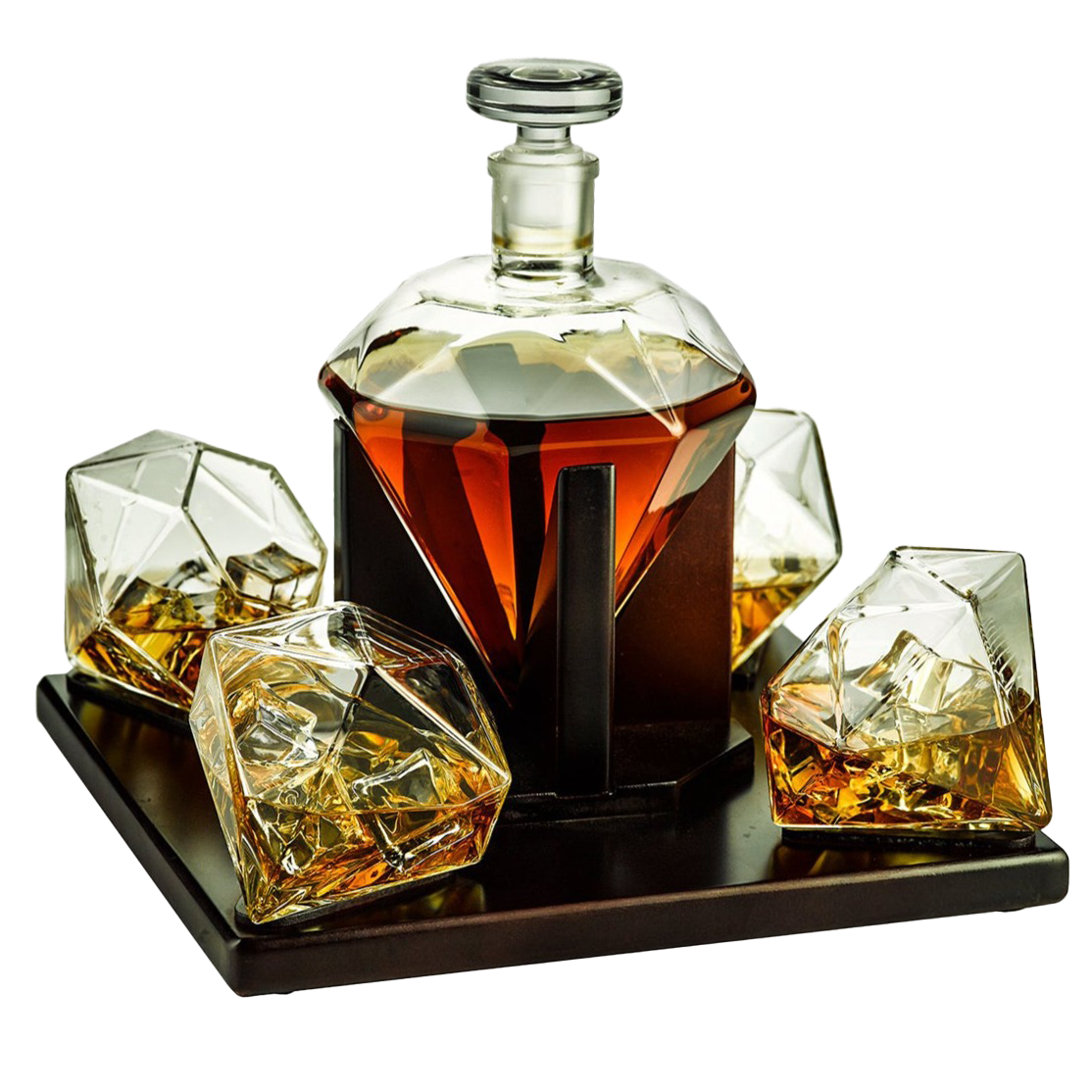 Diamond whiskey decanter set with four tasting glasses resting on an elegant mahogany wooden base